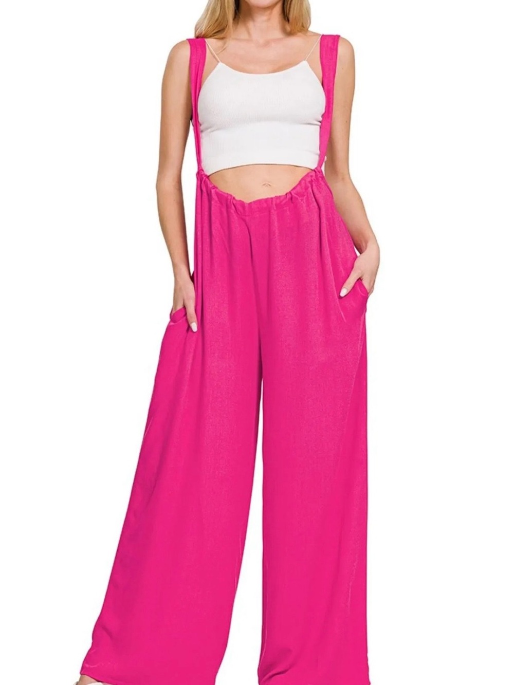 Zenana Outfitters Hot Pink Wide-Leg Suspender Jumpsuit